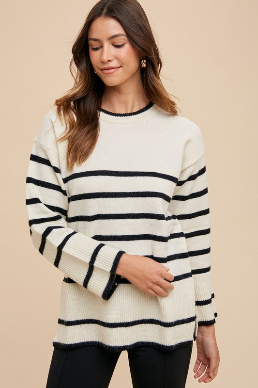 Annie Wear Side Slit Striped Round Neck Sweater - Heeler & Dash