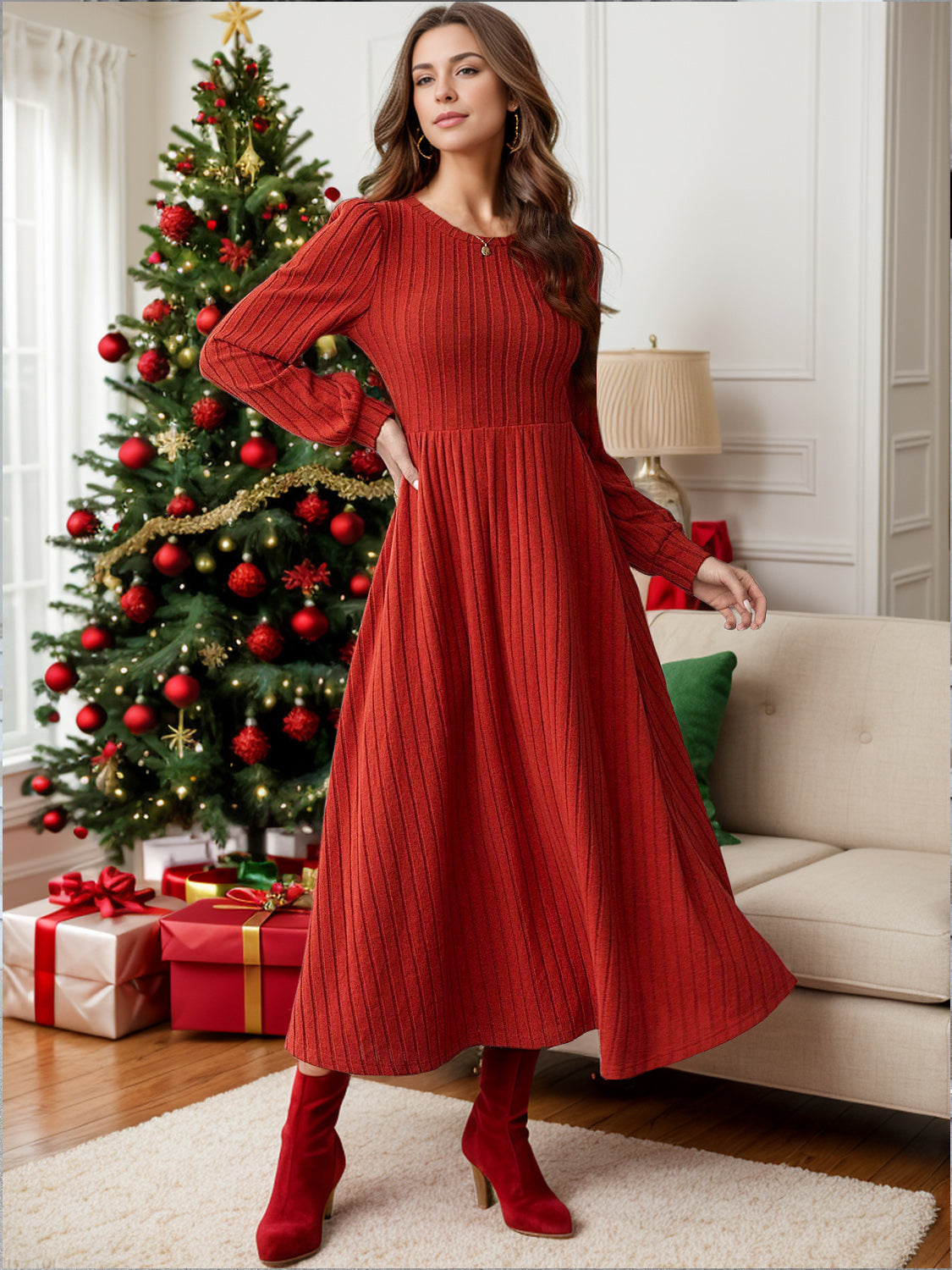 Ribbed Round Neck Long Sleeve Dress - Heeler & Dash