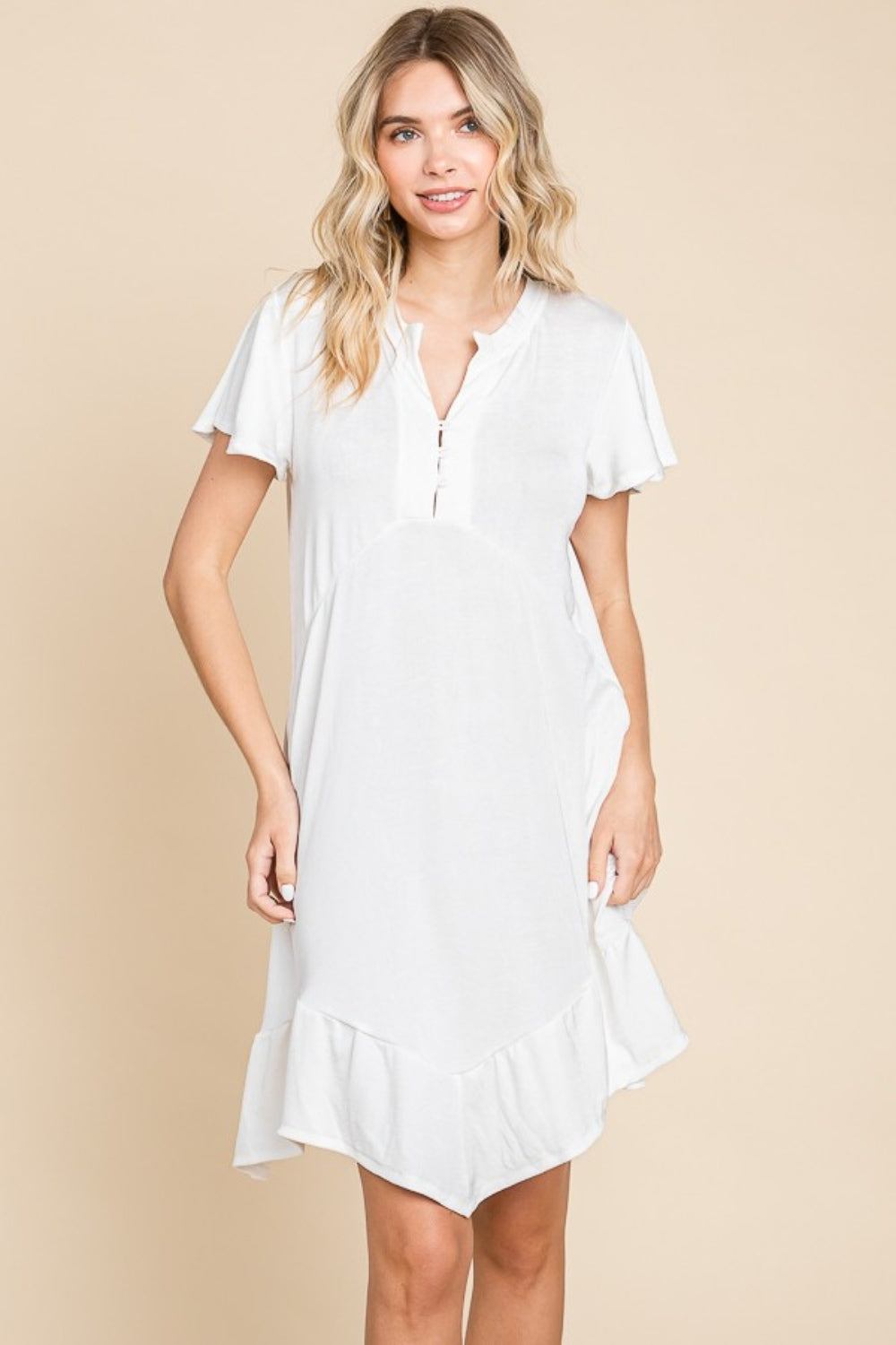 Culture Code Full Size Short Sleeve Ruffled Asymmetric Hem Dress - Heeler & Dash