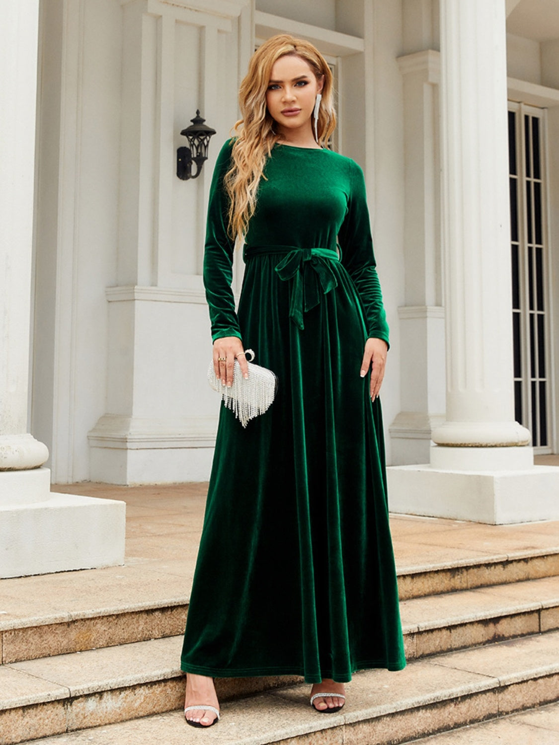 Tie Front Round Neck Long Sleeve Maxi Dress - Heeler & Dash