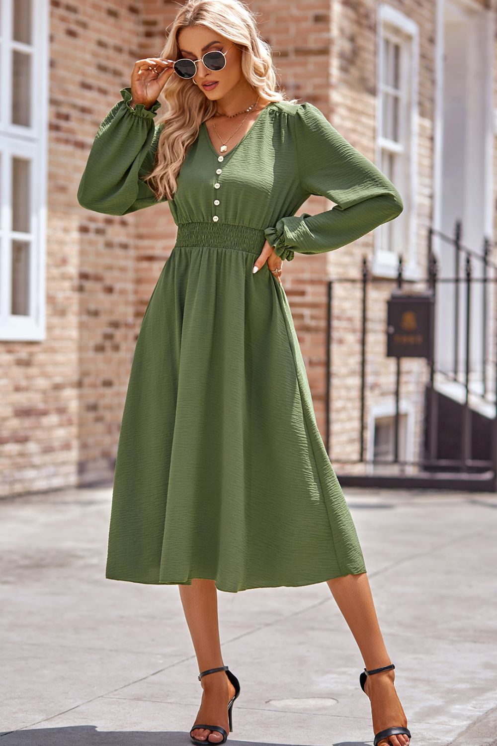 Smocked V-Neck Flounce Sleeve Midi Dress - Heeler & Dash