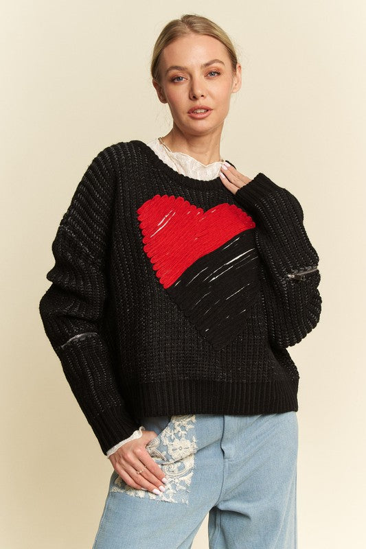 Davi & Dani Contrast Heart Dropped Shoulder Sweater - Heeler & Dash