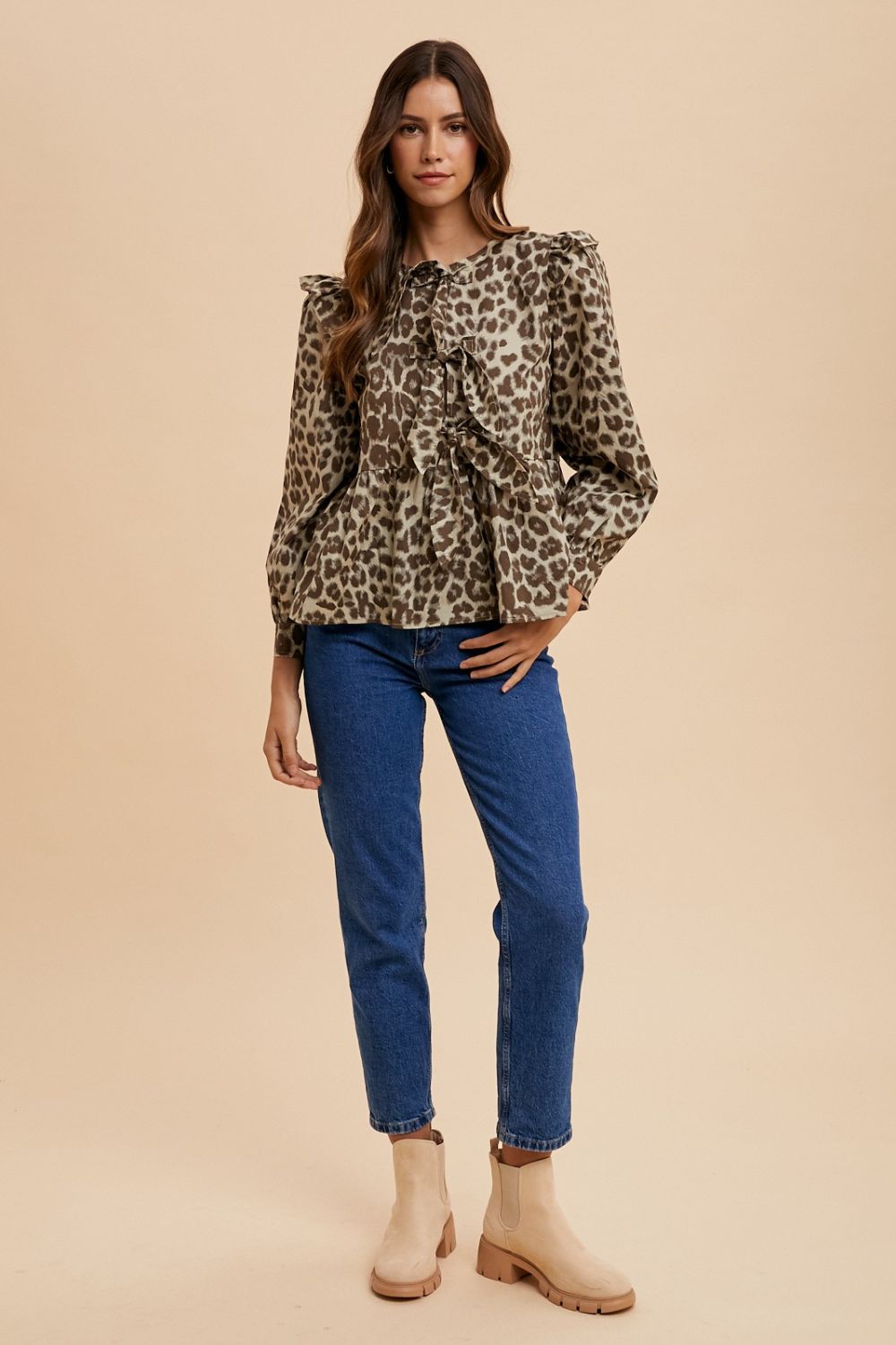 Annie Wear Tied Leopard Round Neck Peplum Blouse - Heeler & Dash