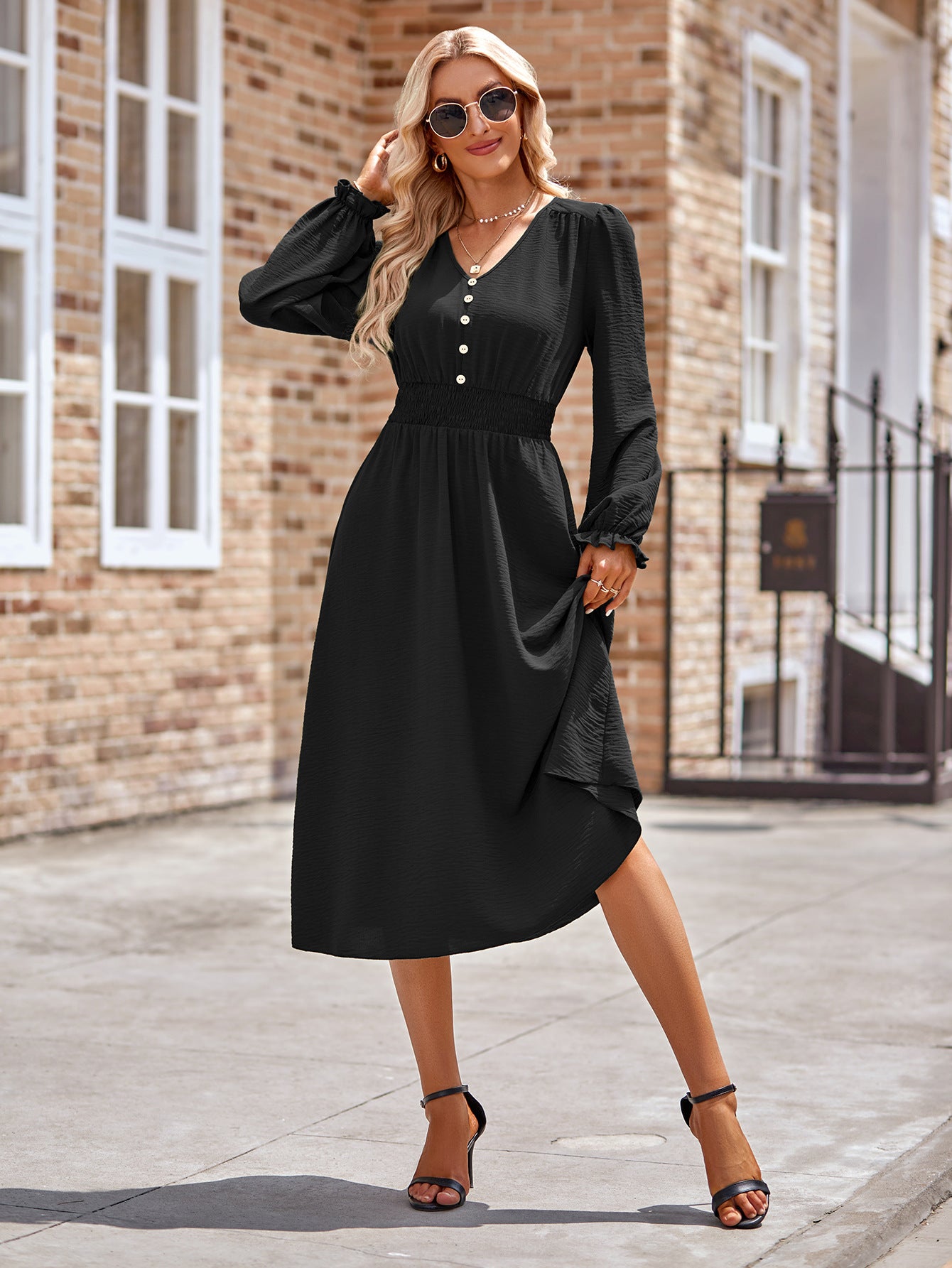 Smocked V-Neck Flounce Sleeve Midi Dress - Heeler & Dash