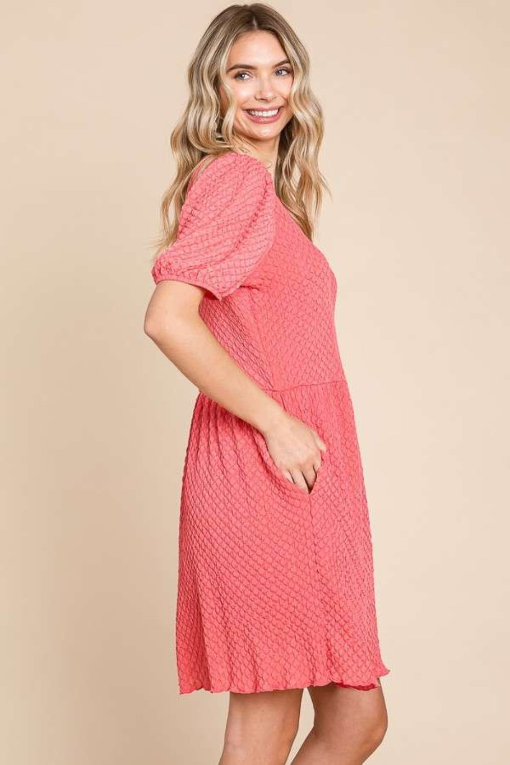 Culture Code Full Size Textured Round Neck Puff Sleeve Dress - Heeler & Dash