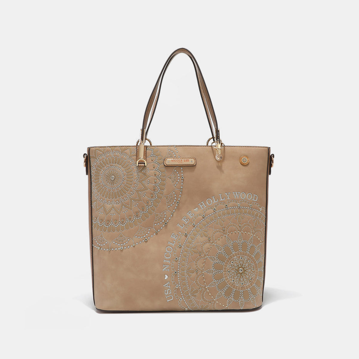 Nicole Lee USA Metallic Stitching Embroidery Inlaid Rhinestone Tote Bag - Heeler & Dash