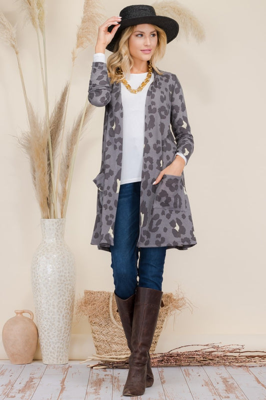 Celeste Full Size Leopard Open Front Contrast Cardigan - Heeler & Dash