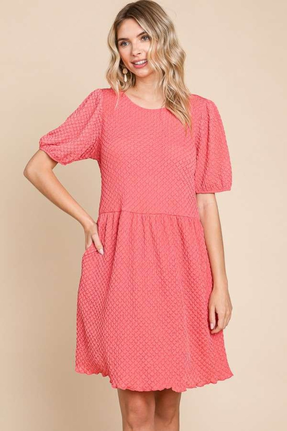 Culture Code Full Size Textured Round Neck Puff Sleeve Dress - Heeler & Dash