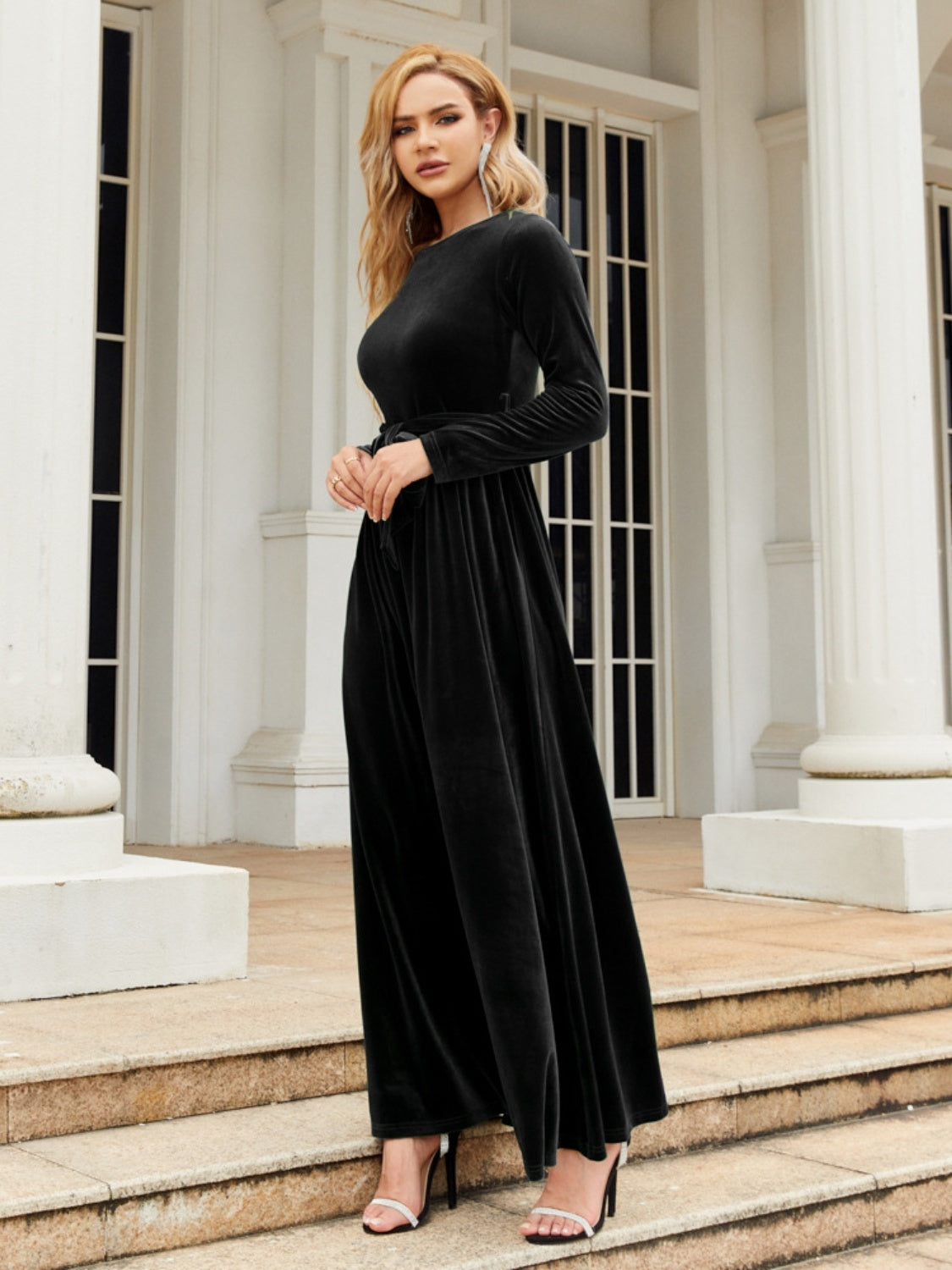 Tie Front Round Neck Long Sleeve Maxi Dress - Heeler & Dash