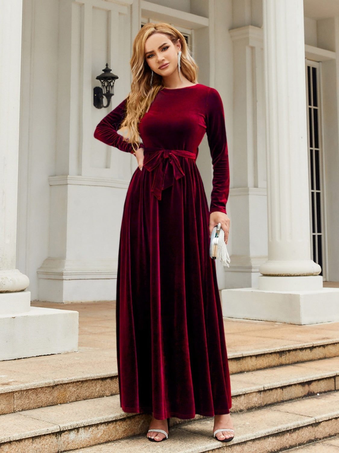 Tie Front Round Neck Long Sleeve Maxi Dress - Heeler & Dash