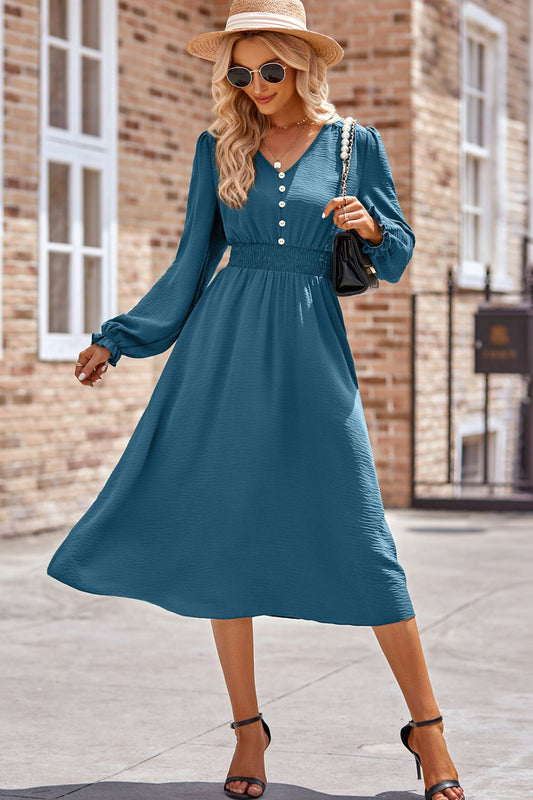 Smocked V-Neck Flounce Sleeve Midi Dress - Heeler & Dash