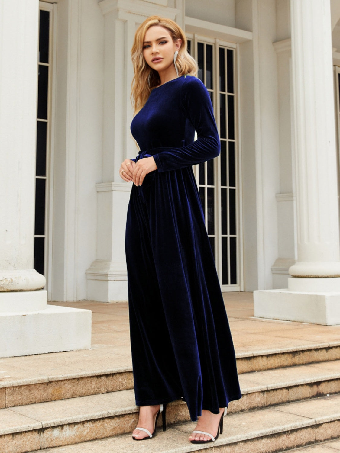 Tie Front Round Neck Long Sleeve Maxi Dress - Heeler & Dash