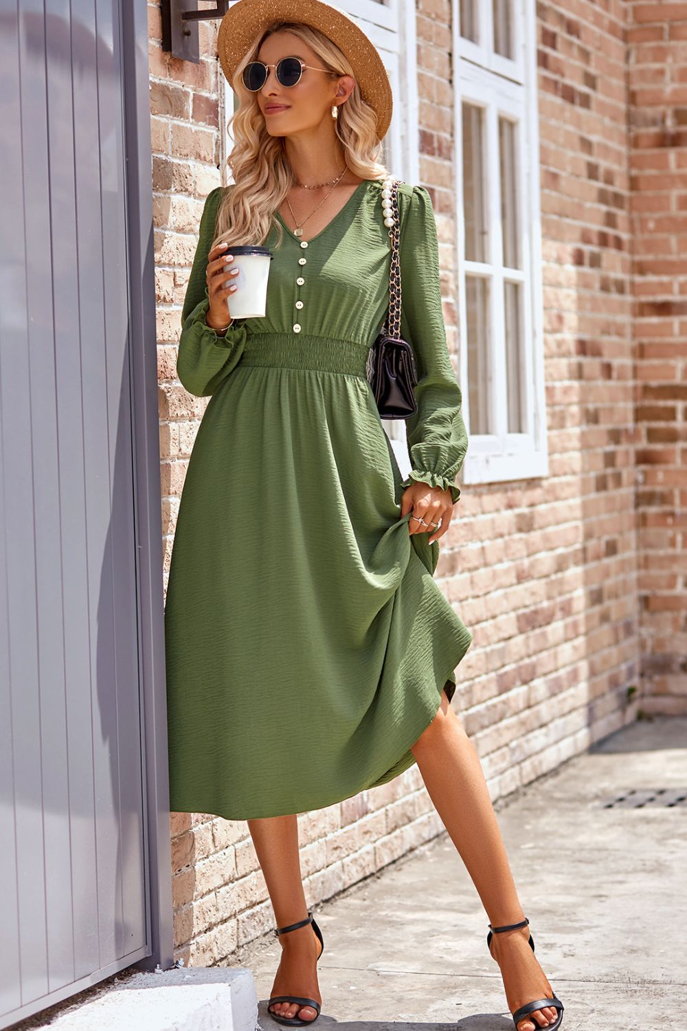 Smocked V-Neck Flounce Sleeve Midi Dress - Heeler & Dash