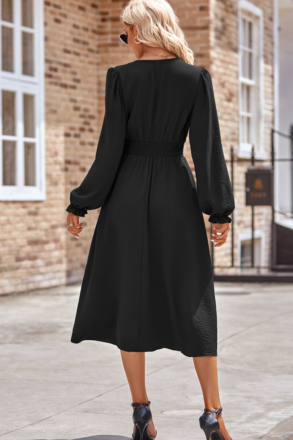 Smocked V-Neck Flounce Sleeve Midi Dress - Heeler & Dash