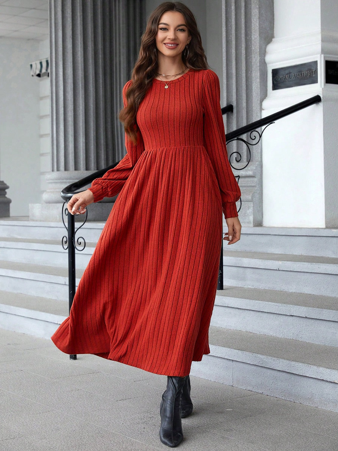 Ribbed Round Neck Long Sleeve Dress - Heeler & Dash