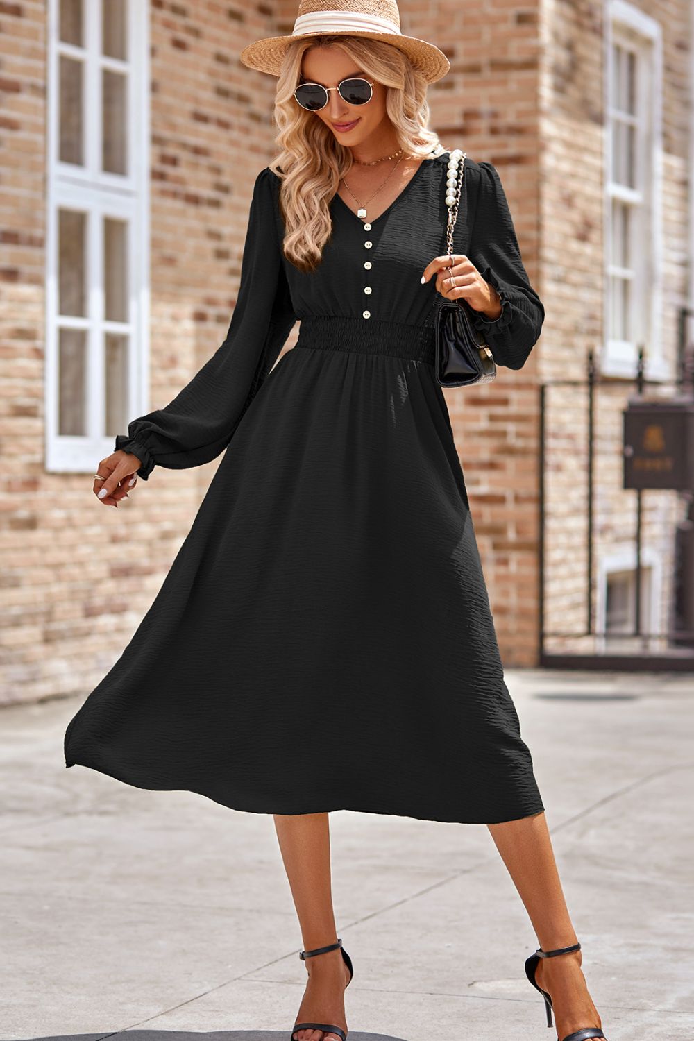 Smocked V-Neck Flounce Sleeve Midi Dress - Heeler & Dash