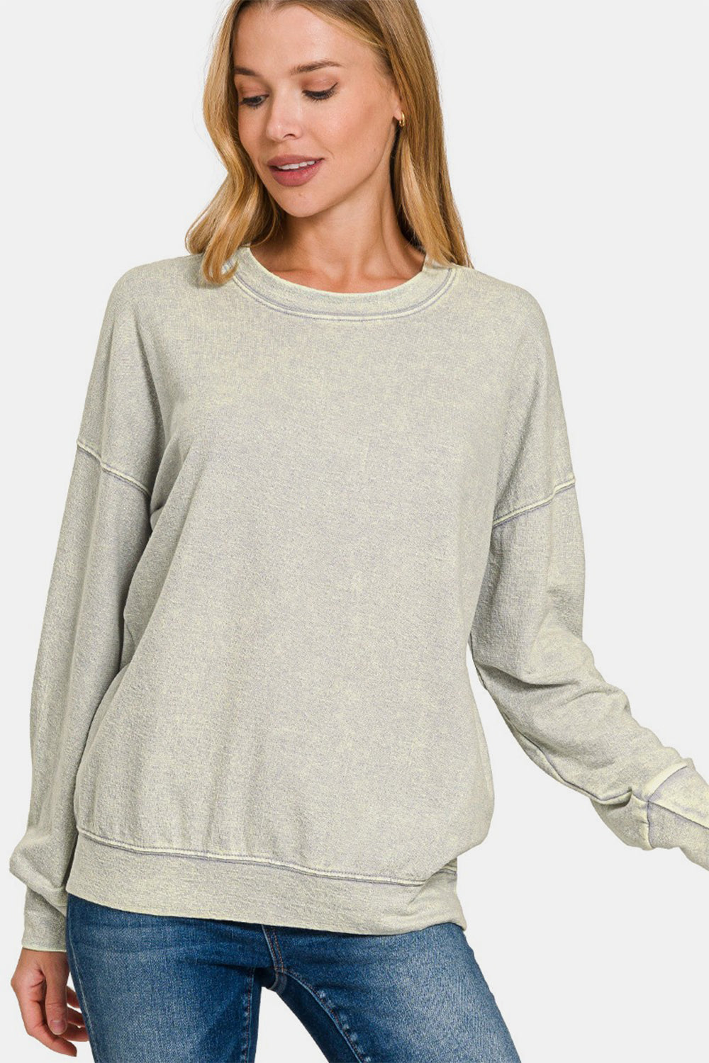 Zenana Washed Round Neck Dropped Shoulder Sweatshirt - Heeler & Dash