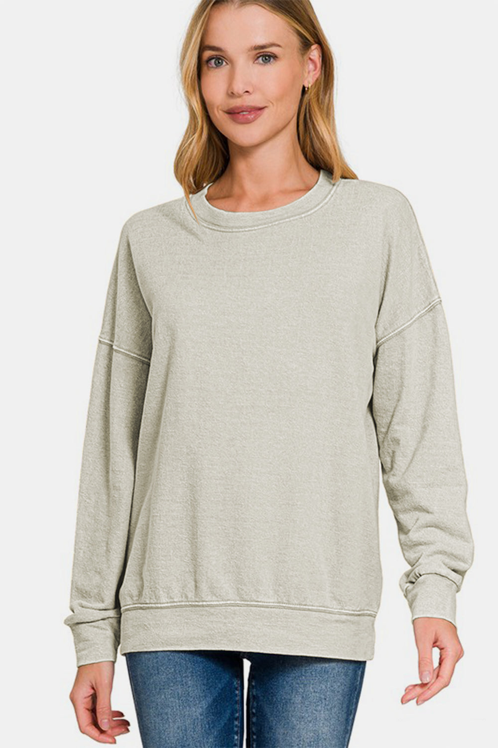 Zenana Washed Round Neck Dropped Shoulder Sweatshirt - Heeler & Dash