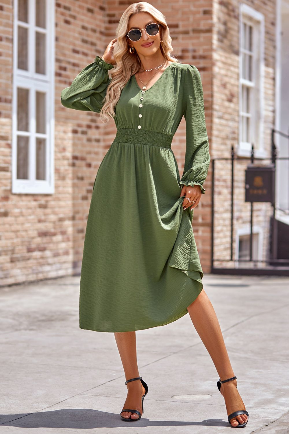 Smocked V-Neck Flounce Sleeve Midi Dress - Heeler & Dash