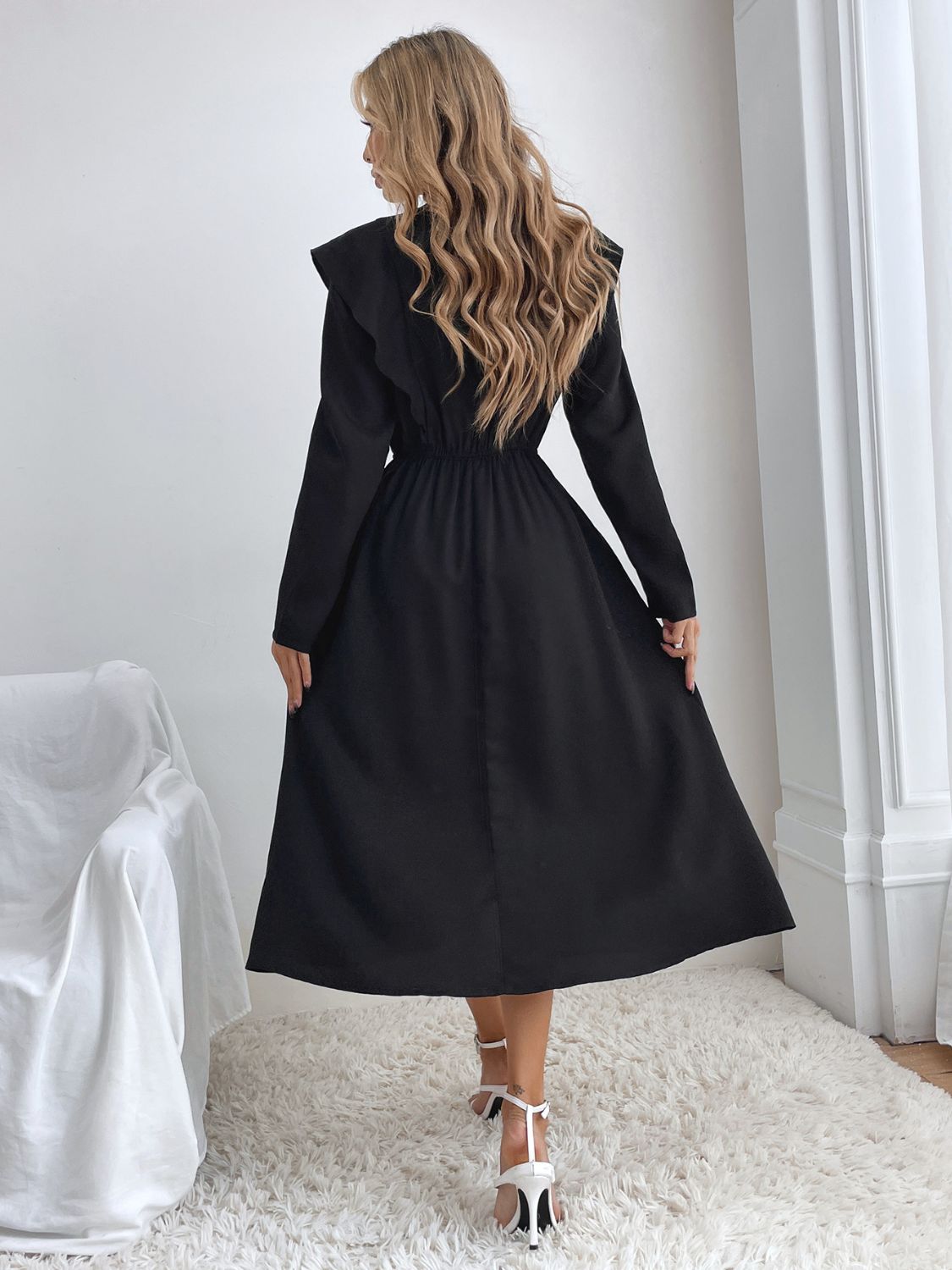 Ruched Ruffled Round Neck Long Sleeve Dress - Heeler & Dash