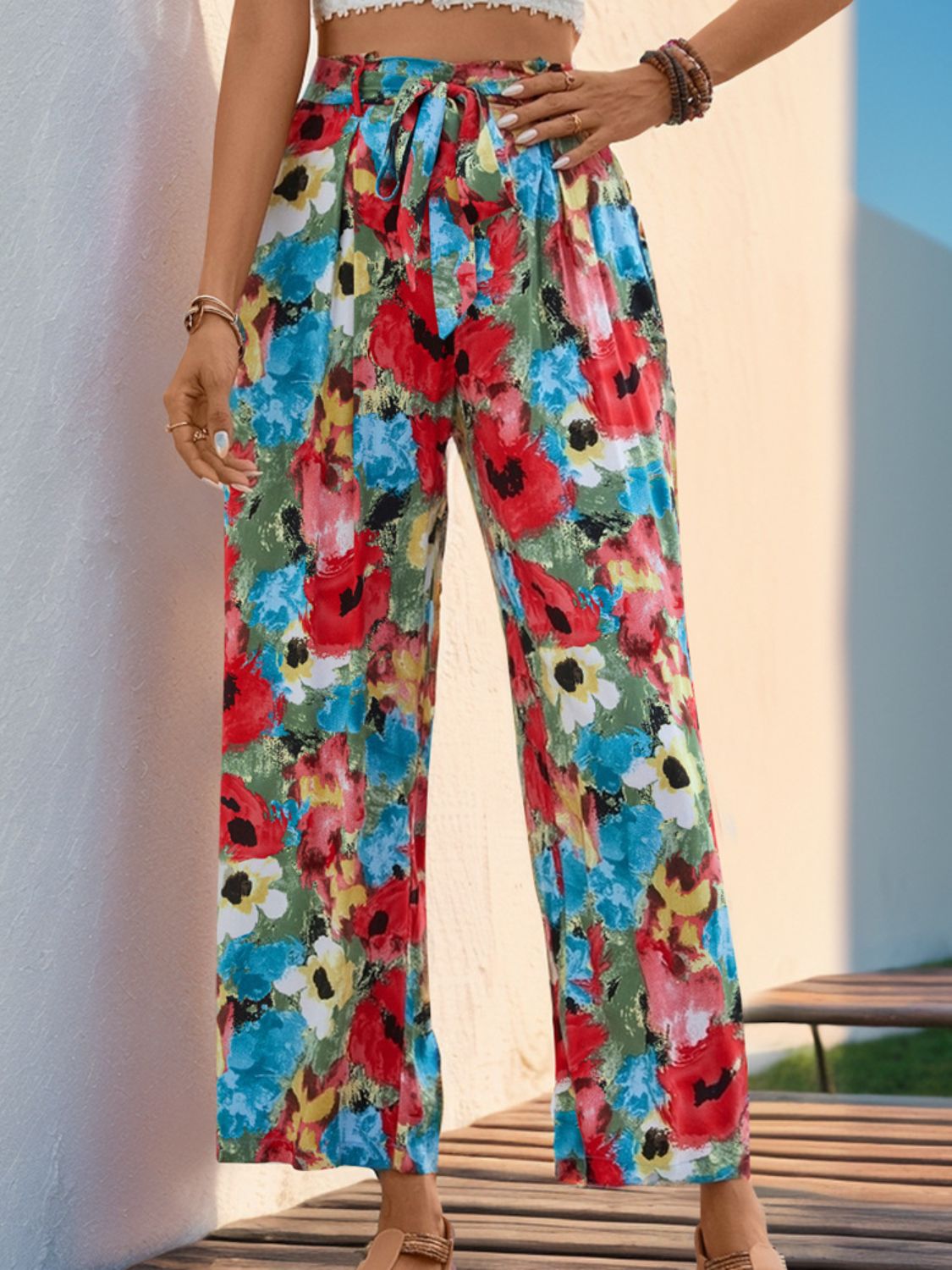 Perfee Tied Printed Wide Leg Pants