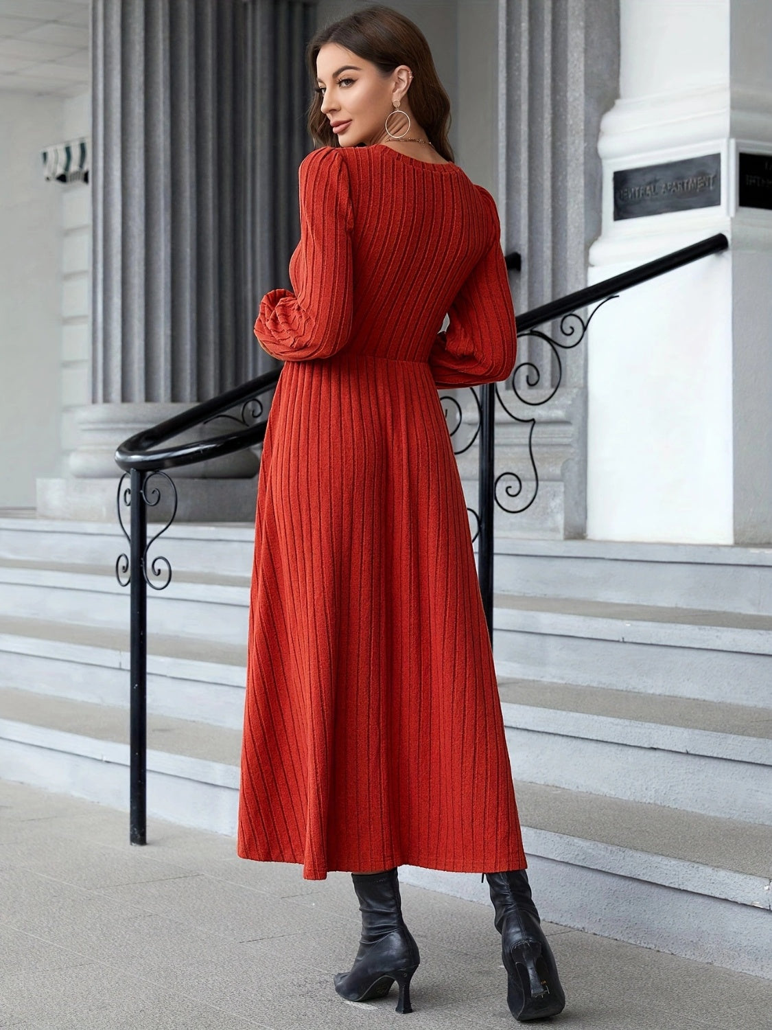 Ribbed Round Neck Long Sleeve Dress - Heeler & Dash