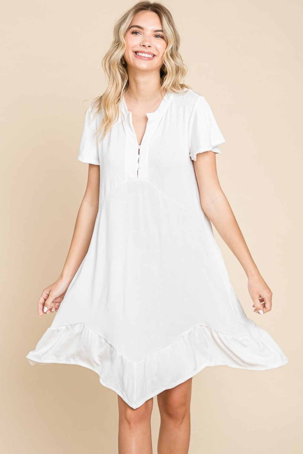 Culture Code Full Size Short Sleeve Ruffled Asymmetric Hem Dress - Heeler & Dash