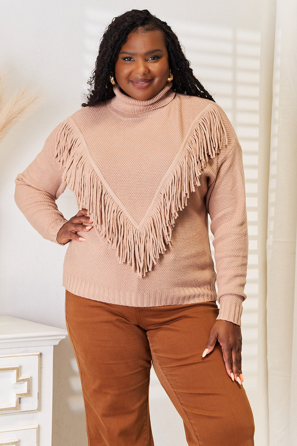 Woven Right Turtleneck Fringe Front Long Sleeve Sweater - Heeler & Dash