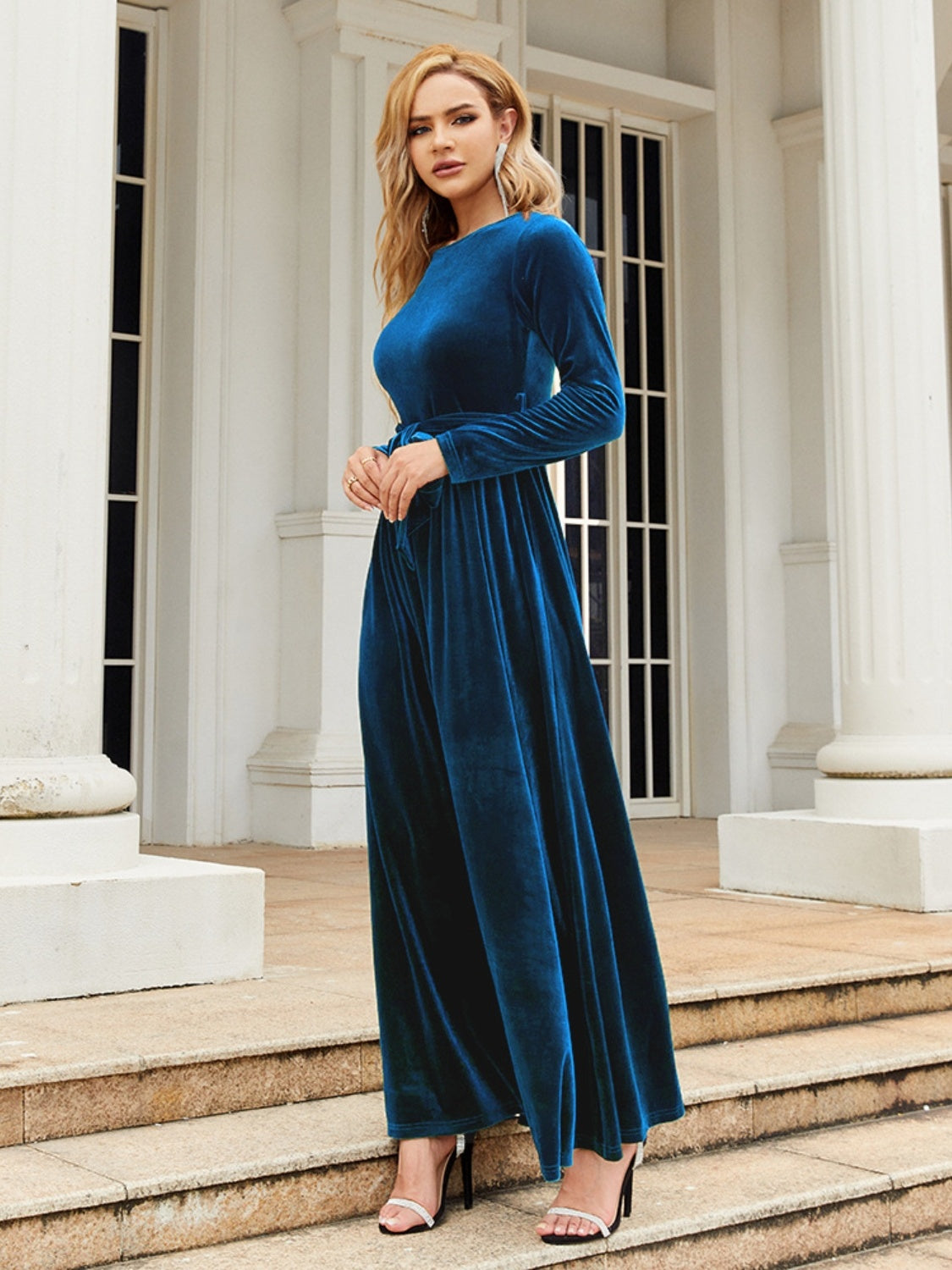 Tie Front Round Neck Long Sleeve Maxi Dress - Heeler & Dash