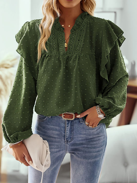 Ruffled Swiss Dot Notched Long Sleeve Blouse