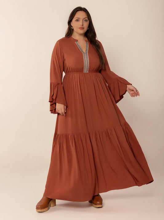 Plus Size Ruffled Notched Long Sleeve Midi Dress - Heeler & Dash