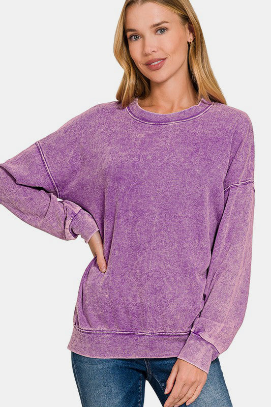 Zenana Washed Round Neck Dropped Shoulder Sweatshirt - Heeler & Dash