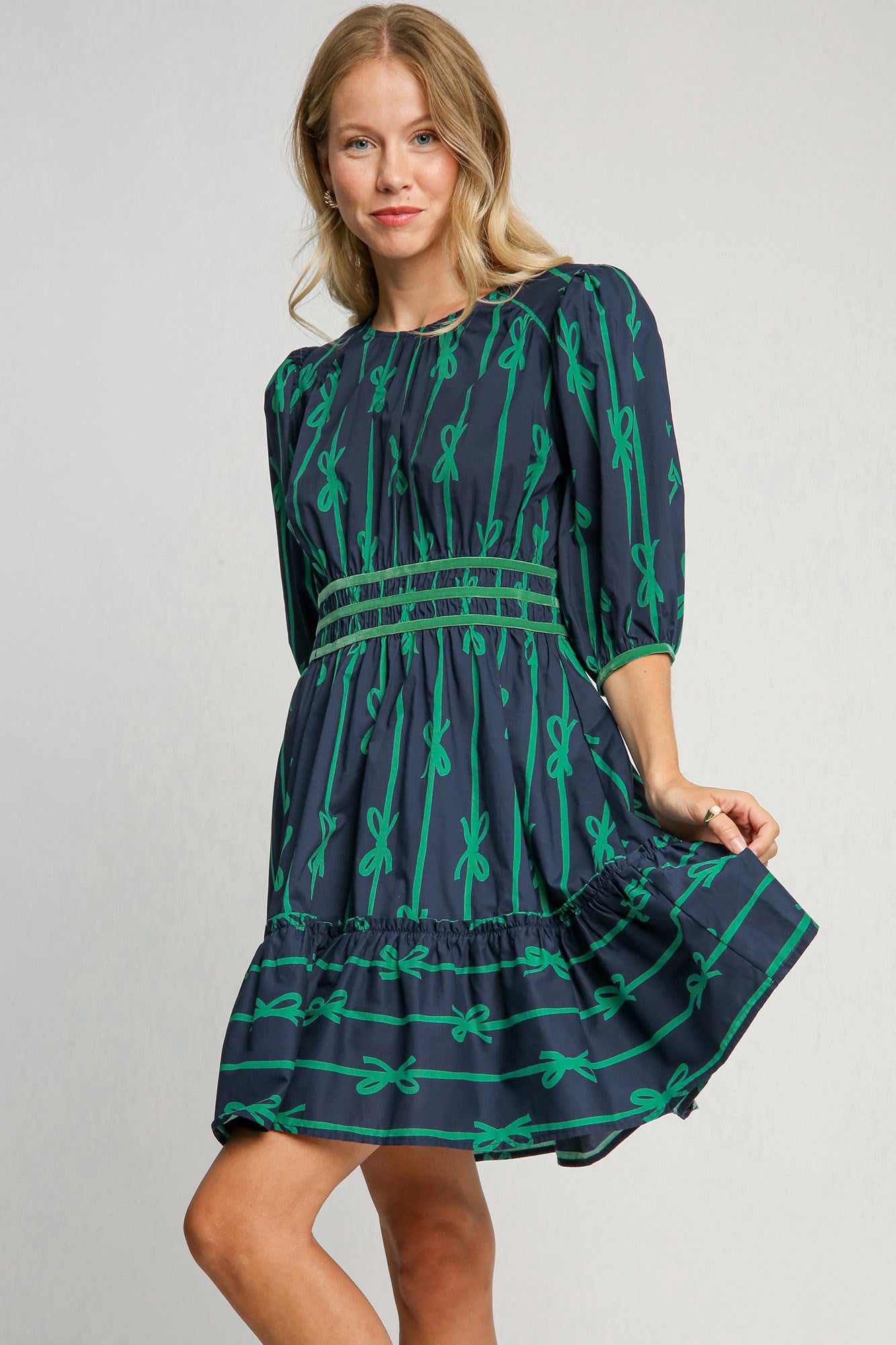 Umgee Ribbon Print Frill Contrast Velvet Trim Half Sleeve Dress - Heeler & Dash