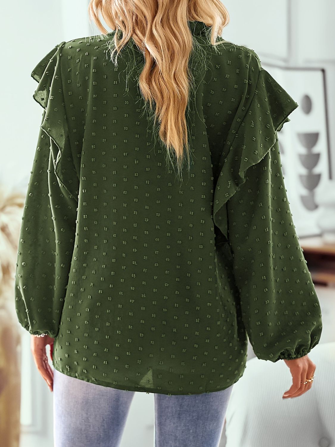 Ruffled Swiss Dot Notched Long Sleeve Blouse