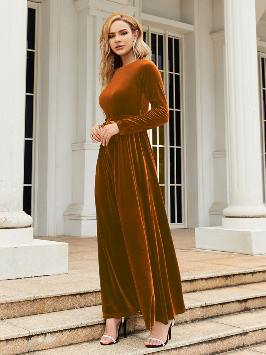 Tie Front Round Neck Long Sleeve Maxi Dress - Heeler & Dash