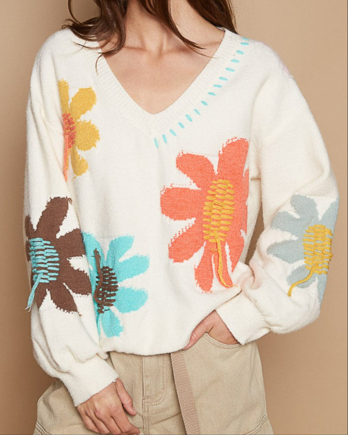 POL V-Neck Long Sleeve Flower Fringe Sweater - Heeler & Dash