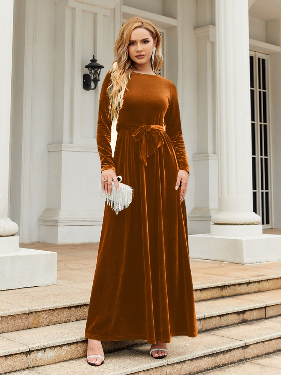 Tie Front Round Neck Long Sleeve Maxi Dress - Heeler & Dash