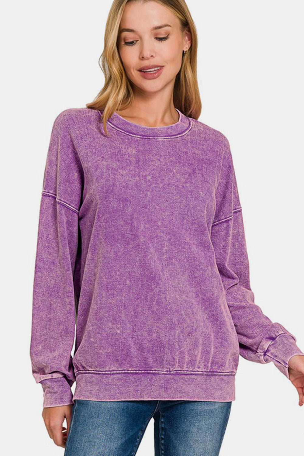 Zenana Washed Round Neck Dropped Shoulder Sweatshirt - Heeler & Dash