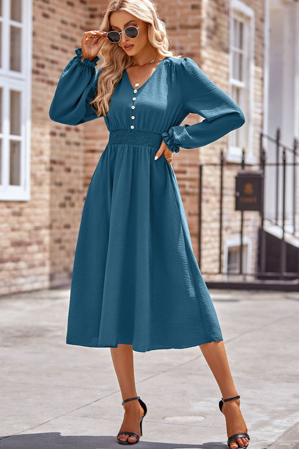 Smocked V-Neck Flounce Sleeve Midi Dress - Heeler & Dash