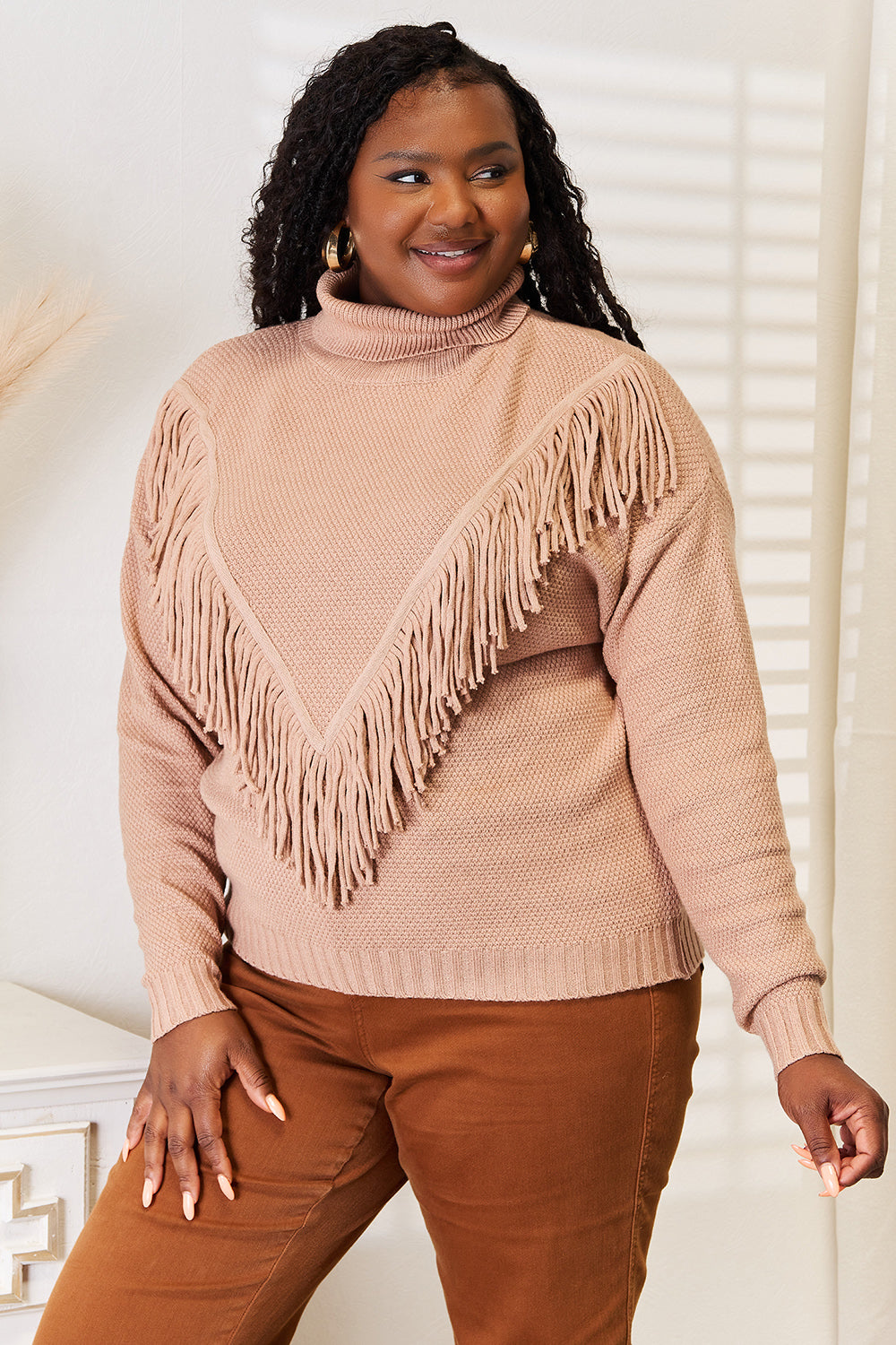 Woven Right Turtleneck Fringe Front Long Sleeve Sweater - Heeler & Dash