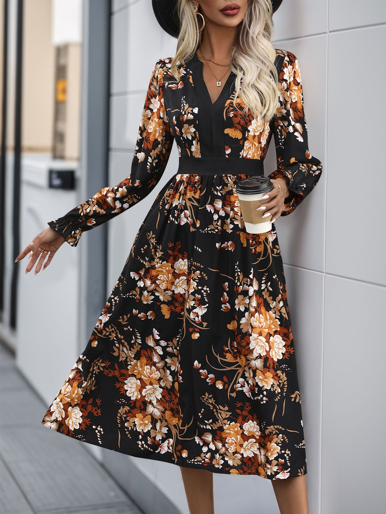 Perfee Printed Notched Long Sleeve Midi Dress - Heeler & Dash