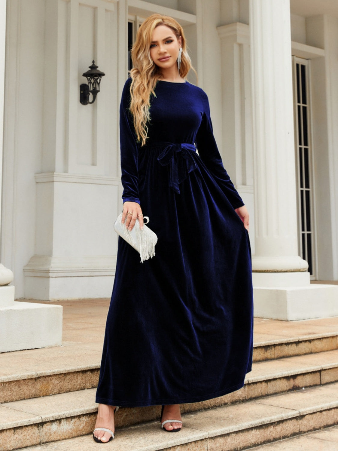 Tie Front Round Neck Long Sleeve Maxi Dress - Heeler & Dash