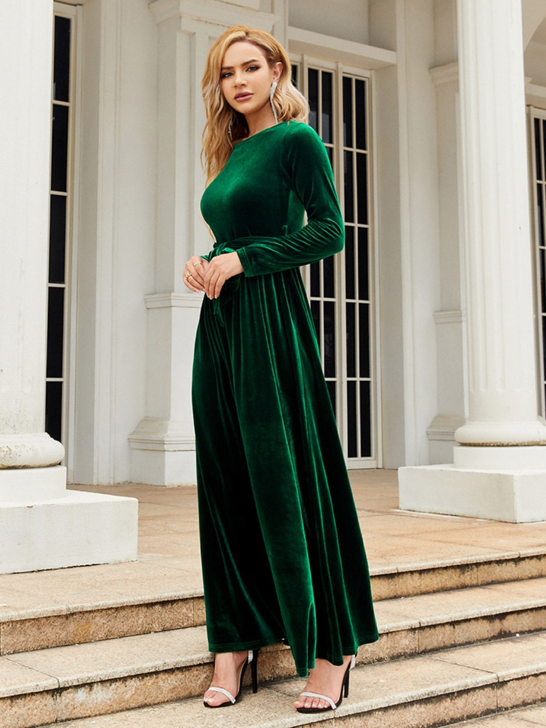 Tie Front Round Neck Long Sleeve Maxi Dress - Heeler & Dash