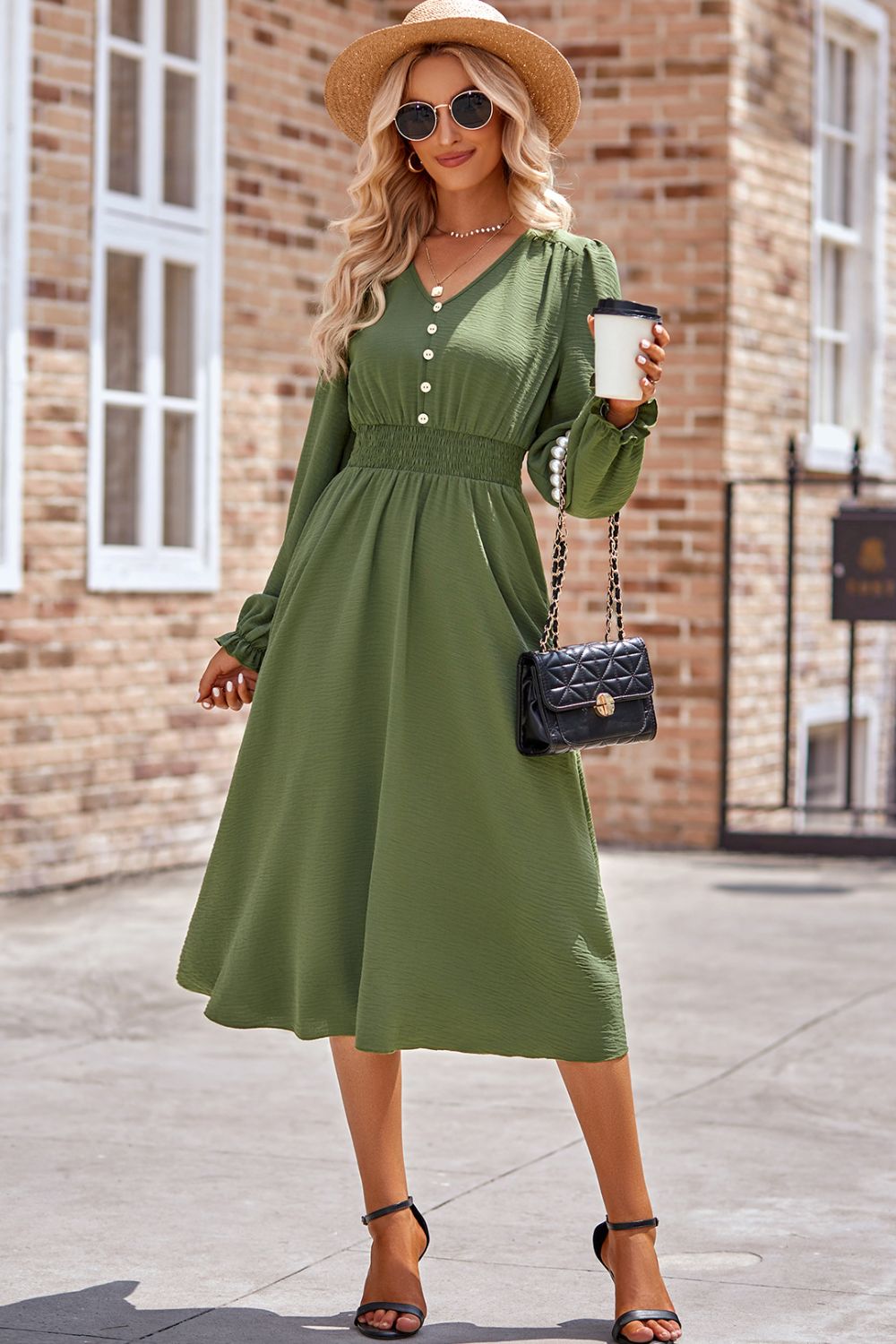 Smocked V-Neck Flounce Sleeve Midi Dress - Heeler & Dash