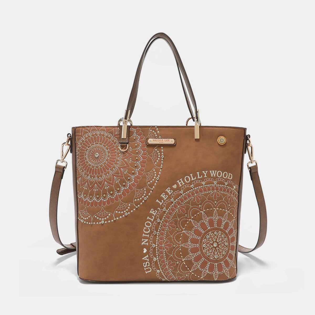 Nicole Lee USA Metallic Stitching Embroidery Inlaid Rhinestone Tote Bag - Heeler & Dash