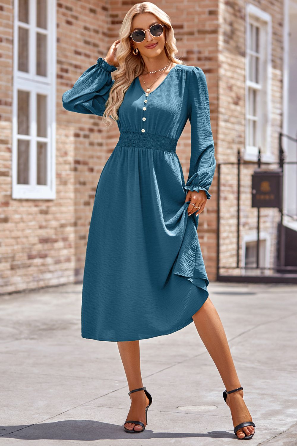 Smocked V-Neck Flounce Sleeve Midi Dress - Heeler & Dash