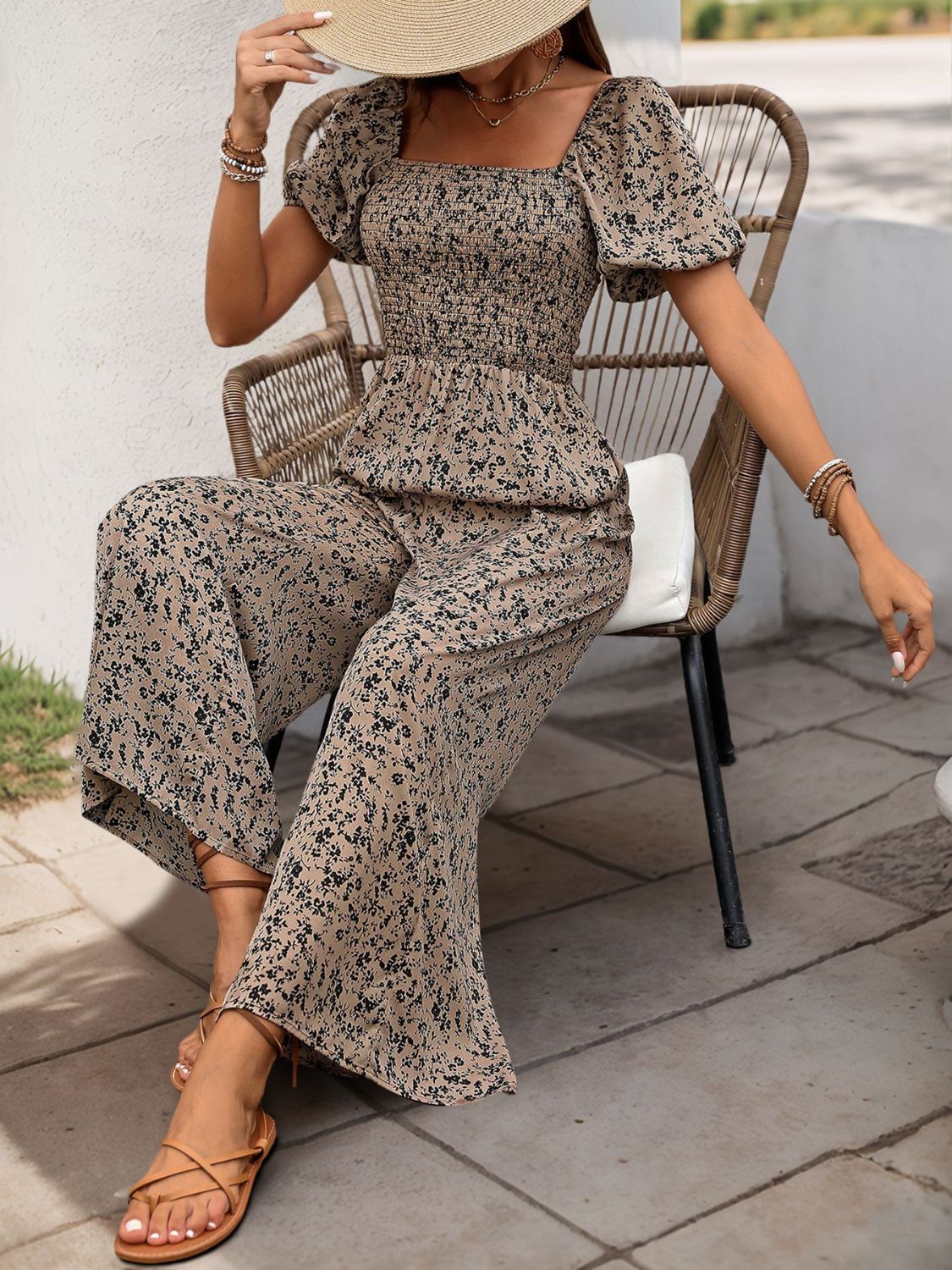 Perfee Smocked Printed Square Neck Puff Sleeve Jumpsuit