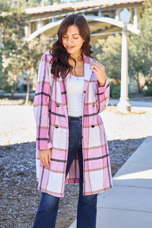 Double Take Full Size Plaid Button Up Lapel Collar Coat - Heeler & Dash