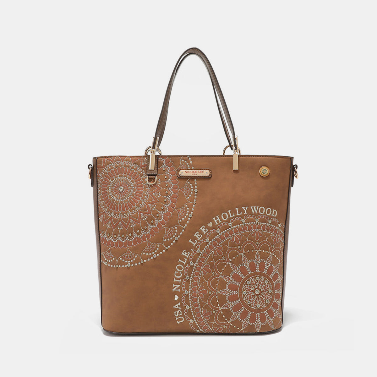 Nicole Lee USA Metallic Stitching Embroidery Inlaid Rhinestone Tote Bag - Heeler & Dash