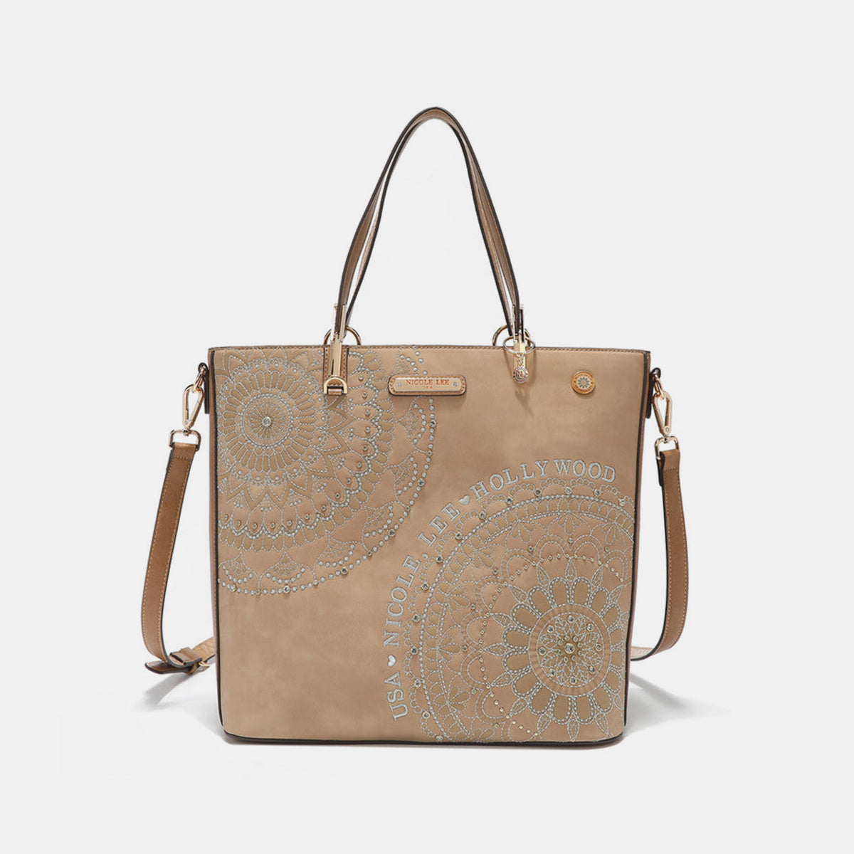 Nicole Lee USA Metallic Stitching Embroidery Inlaid Rhinestone Tote Bag - Heeler & Dash